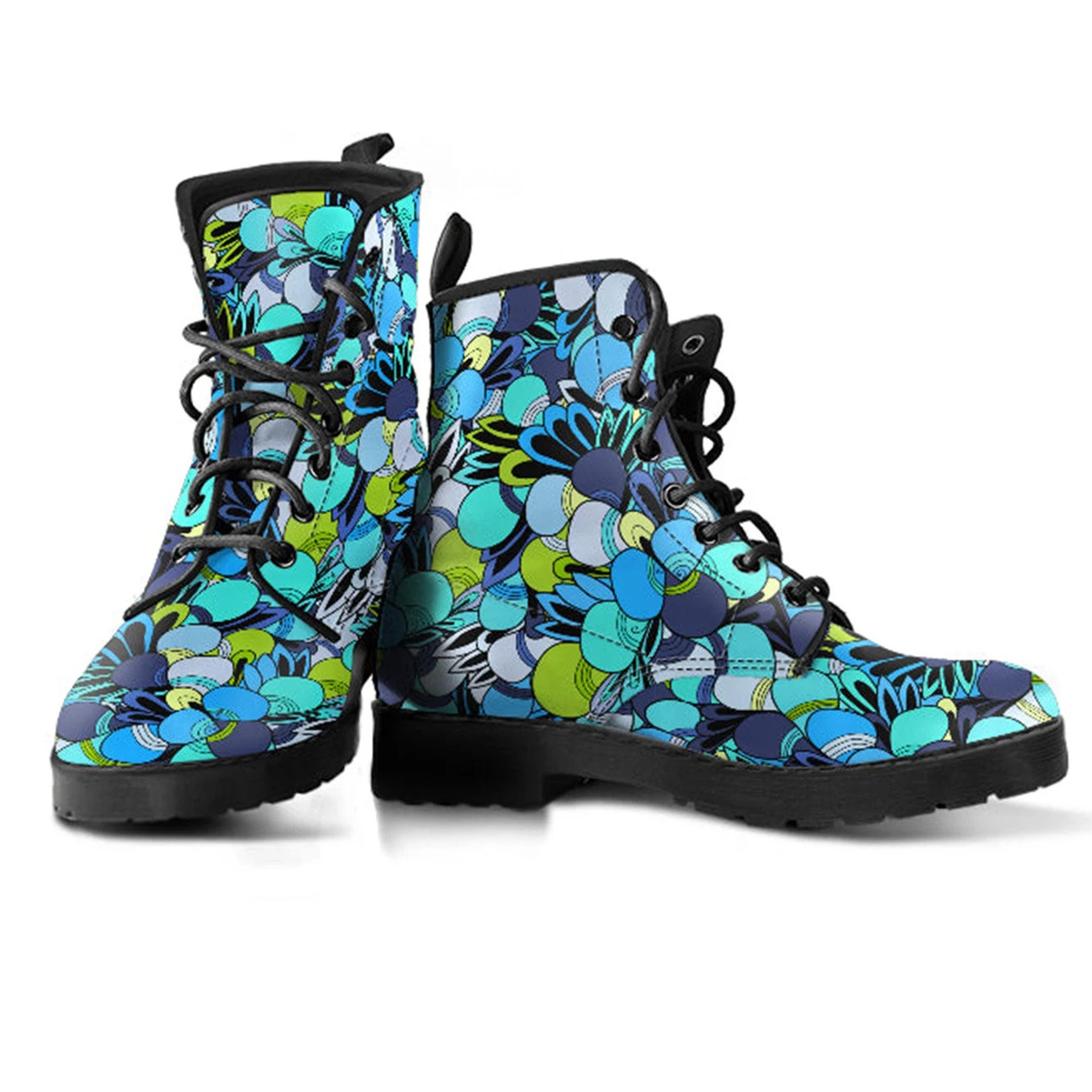 Combat Boots Funky Patterns in Blues Leather Women's Boots, Outdoor Gifts For Girlfriend, Platform