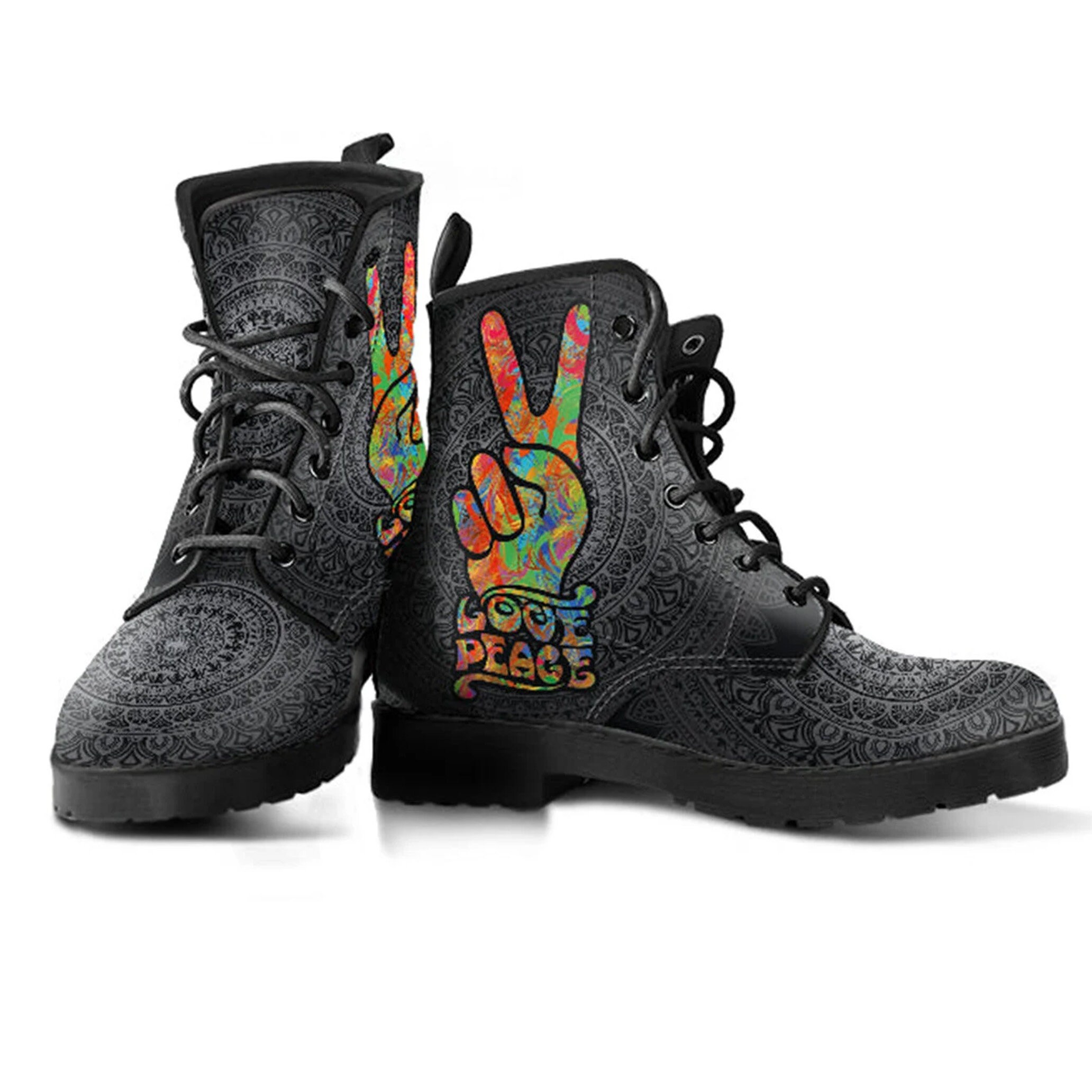 Combat Boots Love & Peace Women's Leather Boots, Birthday Gifts For Her, Hiking