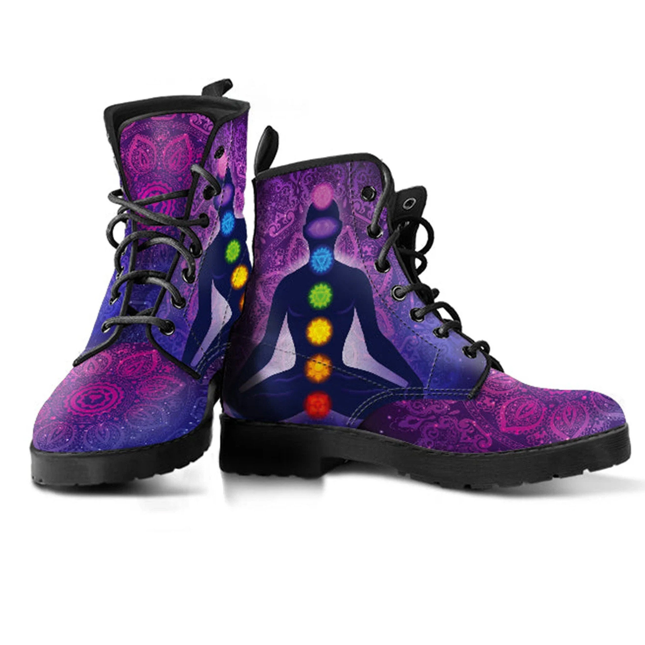 Combat Boots Mandala Chakra Women's Leather Boots, Cute Shoes, Girlfriend Gifts For Birthday, Platform