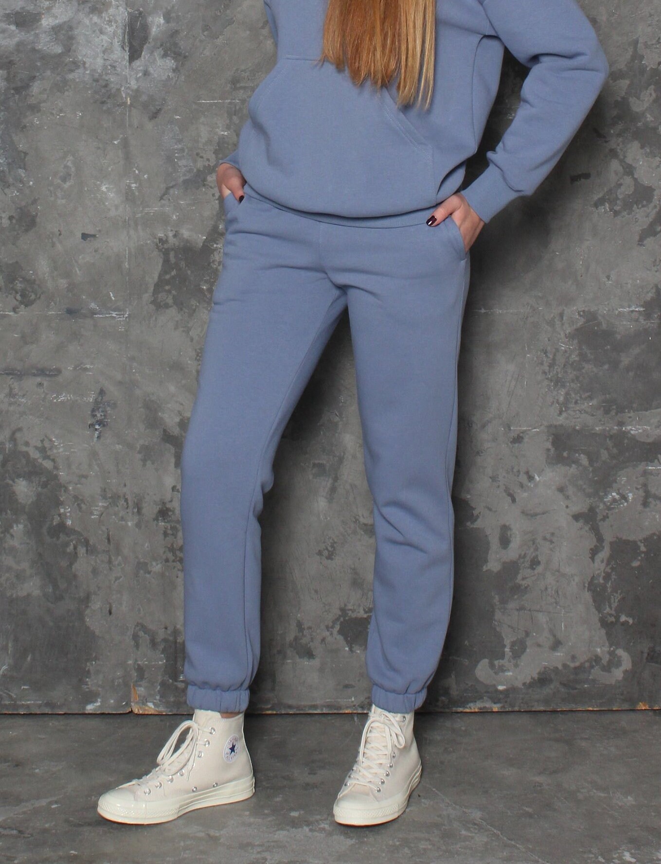 Comfy Blue Cotton Jersey Joggers With Pockets. Cuffed Jogging Pants For Women. Ladies Joggers. Cool Tracksuit Bottoms. Warm Winter Trousers