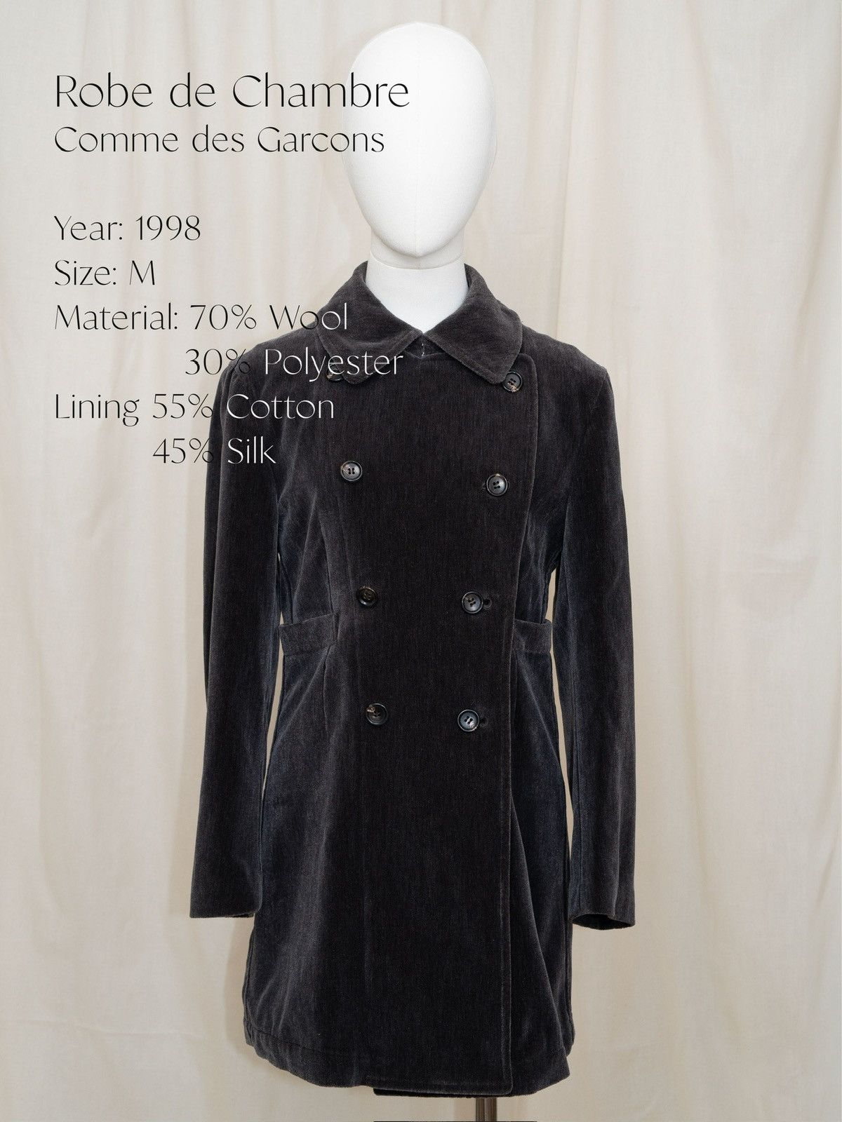 Comme Des Garcons Cdg Robe De Chambre 1998 Velvet Double-Breasted Coat in Grey, Women's (Size Medium)