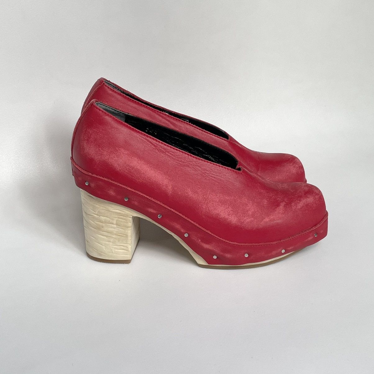 Comme Des Garcons Distressed Leather Heel Shoesed Clogs Shoes in Red, Women's (Size 7.5)