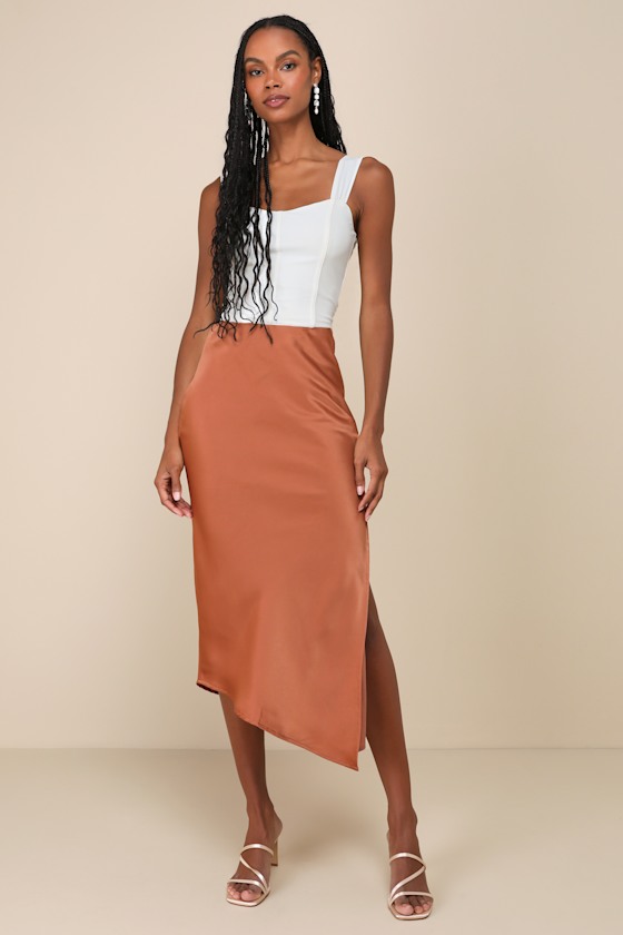 Contemporary Cutie Brown Satin High-Rise Asymmetrical Midi Skirt