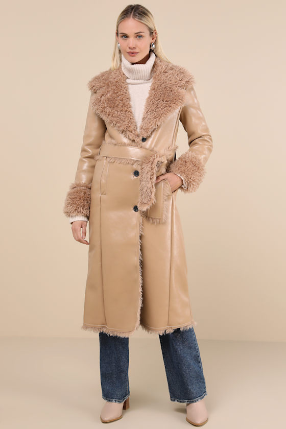 Cool Nights Tan Vegan Leather Shearling Coat