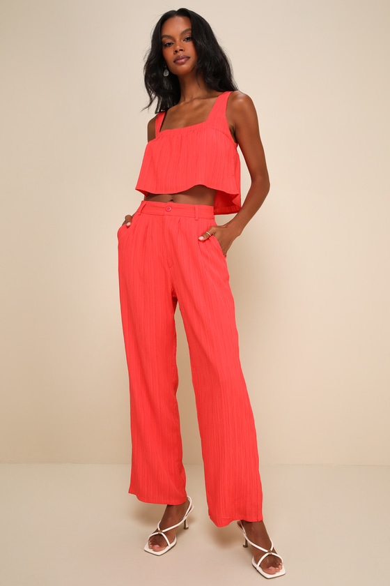 Coolest Allure Coral Red Textured High-Rise Wide-Leg Pants