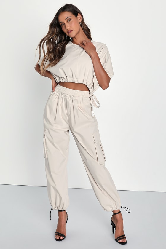 Coolest Cutie Beige High-Rise Cargo Jogger Pants