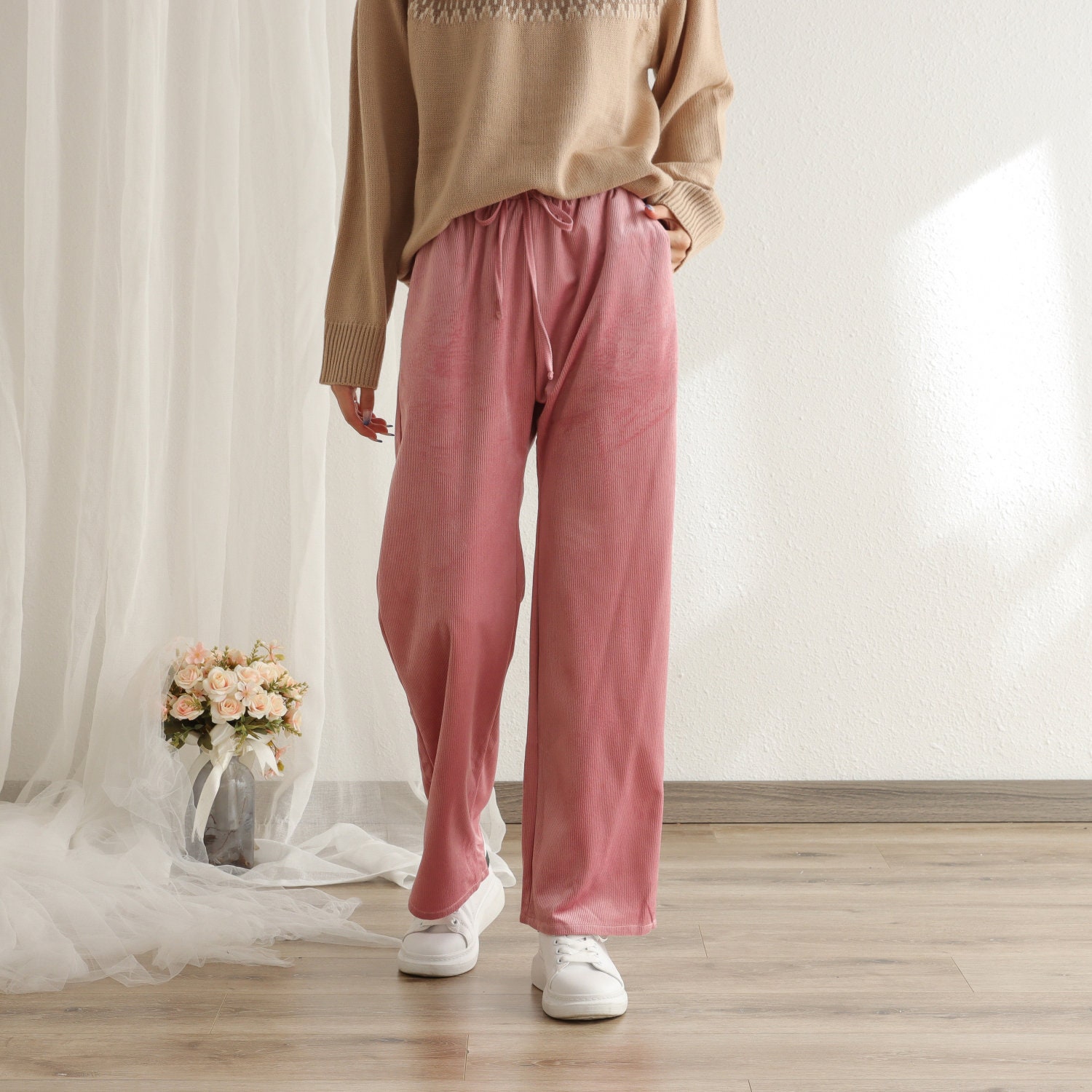 Corduroy Cropped Pant Elastic Waist Pants Soft Velvet For Women Loose Long Wide Trousers Plus Size Spring Winter Fall