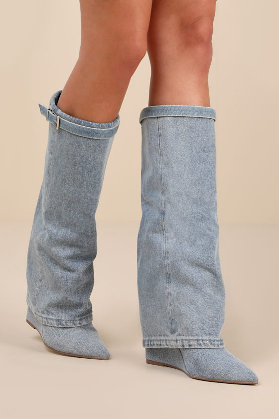 Corenne Denim Fold-Over Knee-High Wedge Boots