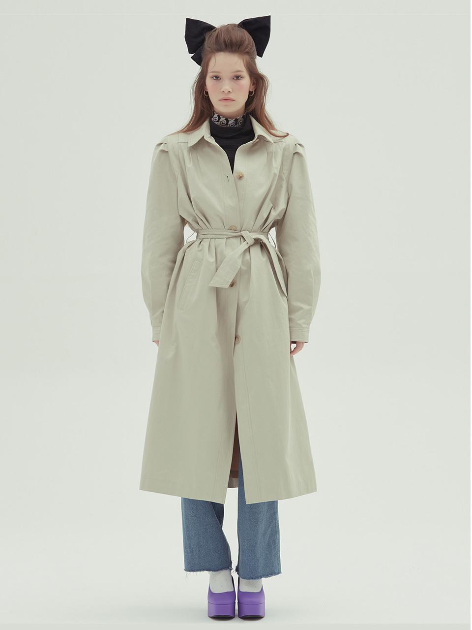 Cotton Blend Puff Sleeve Trench Coat [Beige]