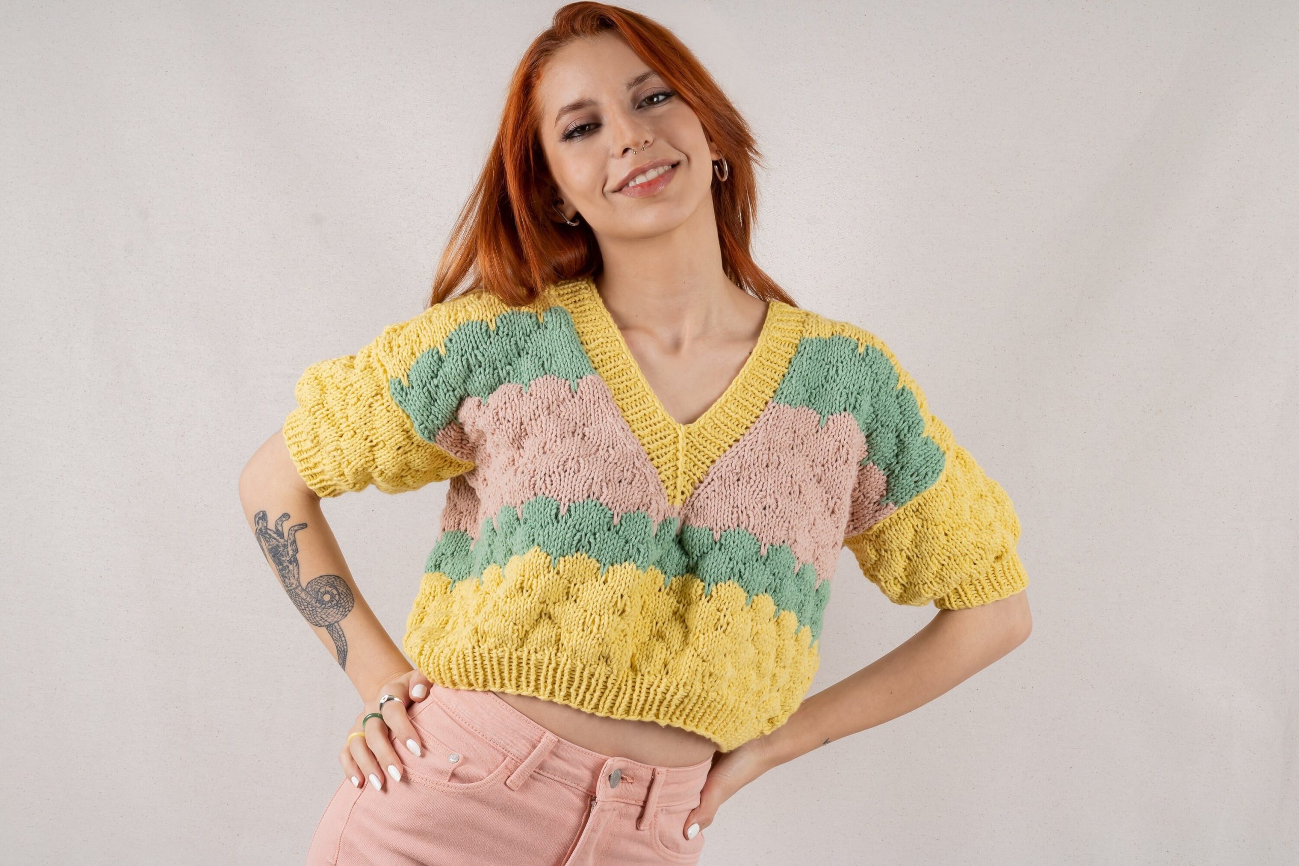 Cotton Crop Top, Pastel Short Sleeve Blouse, Hand Knit Womens Summer Yellow Sweater, Gift For Her