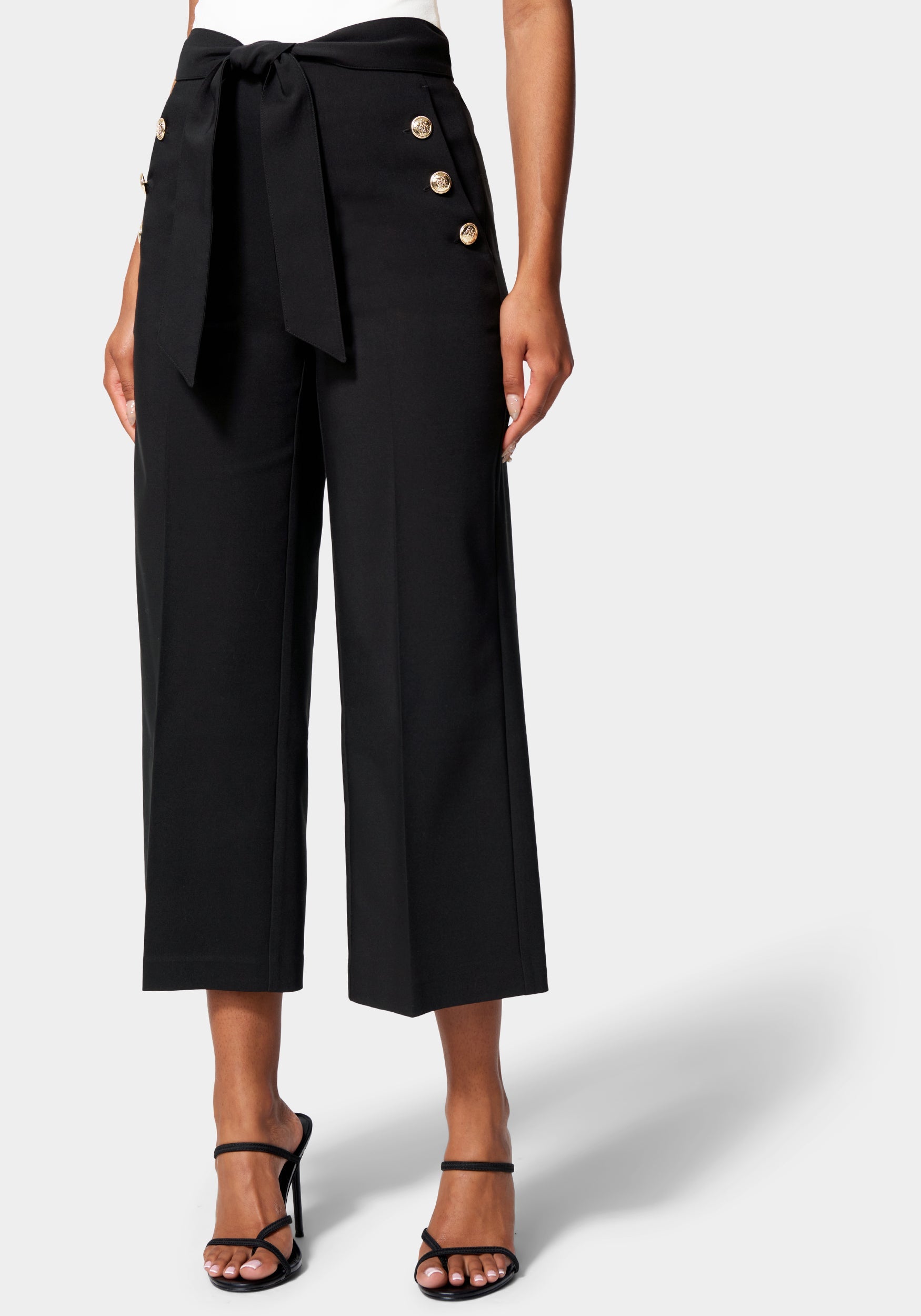 Cotton Sateen Button Detail Wide Leg Cropped Pant