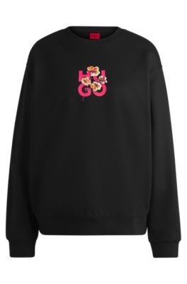 Cotton-terry sweatshirt with floral stacked-logo graphic- Black Women's Sweatshirts size L