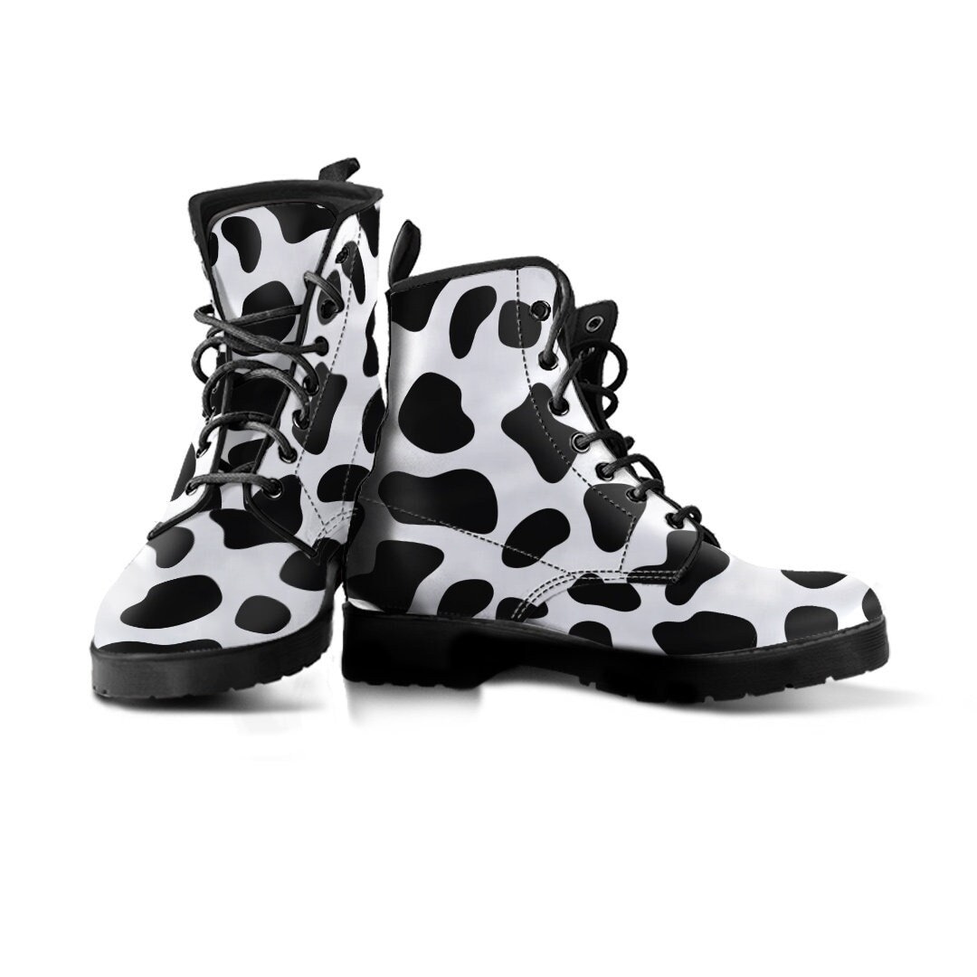 Cow Print Boots, Shoes, Womens Vegan Leather Combat White Black Boot, Snow Rain Casual Boots Women