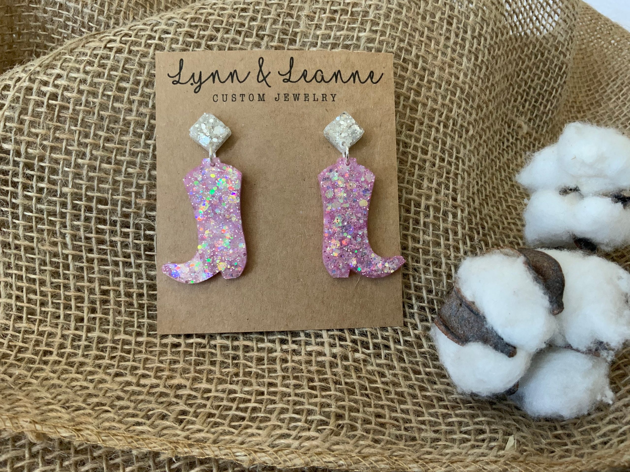 Cowboy Boot Glitter Resin Earrings, 1 1/2 Inch Cowboy Boot Dangle Pink Blend Earring, Accessories