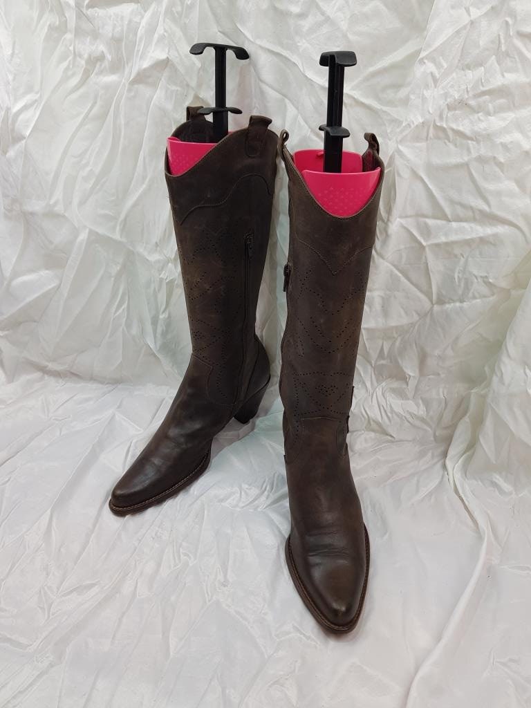 Cowboy Boots Women, Heeled Knee High Boots, Vintage Western 90S Cowgirl Made in Italy, Tall Pointed Toe Leather Women