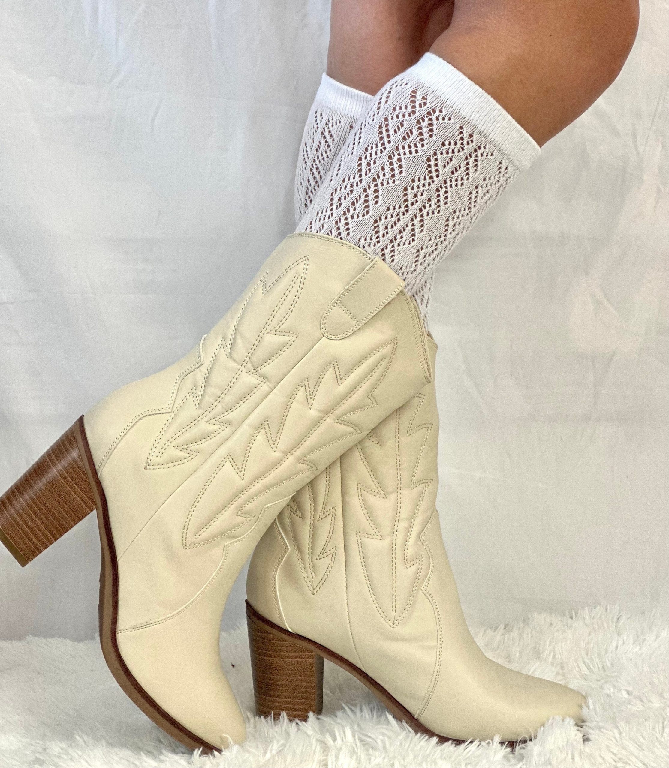 Cowgirl Boot Cute Knee Socks -White, Western Wedding Boot Socks, Country, Girly Cowboy Hosiery, Fall Trendy