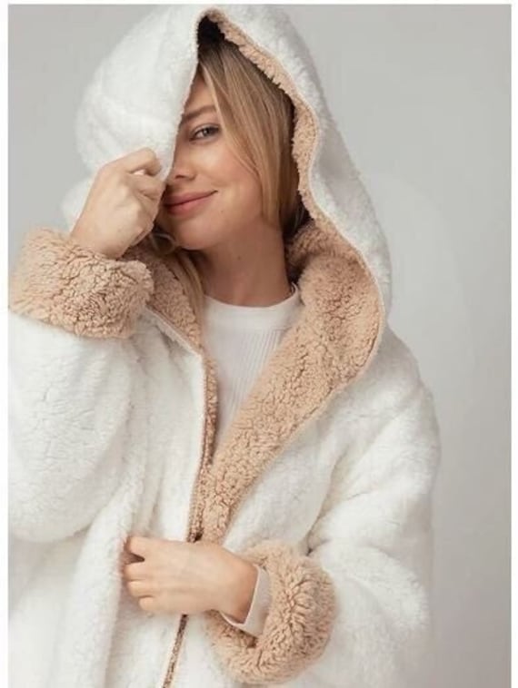 Cozy 2 Tone Open Front Hoodie Teddy Sherpa Jacket - Premium Quality, Super Soft, Side Pocket, Plushy Lounge Shacket, Layering Gift