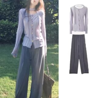 Crew Neck Plain Button-Up Cardigan / High Waist Wide Leg Pants / Skinny Scarf / Set