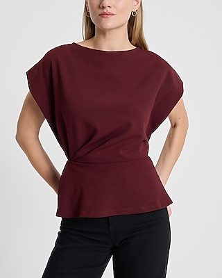 Crew Neck Short Sleeve Draped Peplum Top Red Women's M