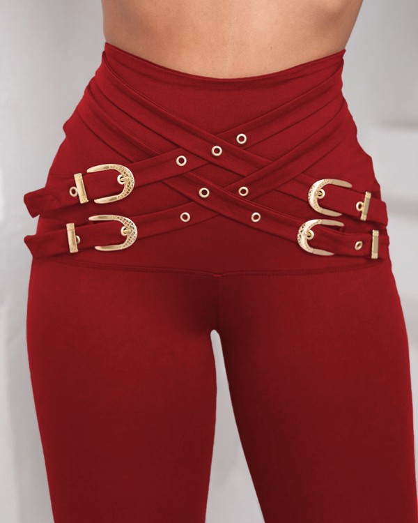 Criss Cross Buckled Decor High Waist Skinny Pants