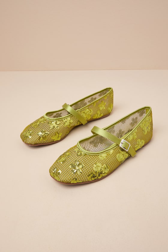 Cristen Green Mesh Sequin Buckle Ballet Flats