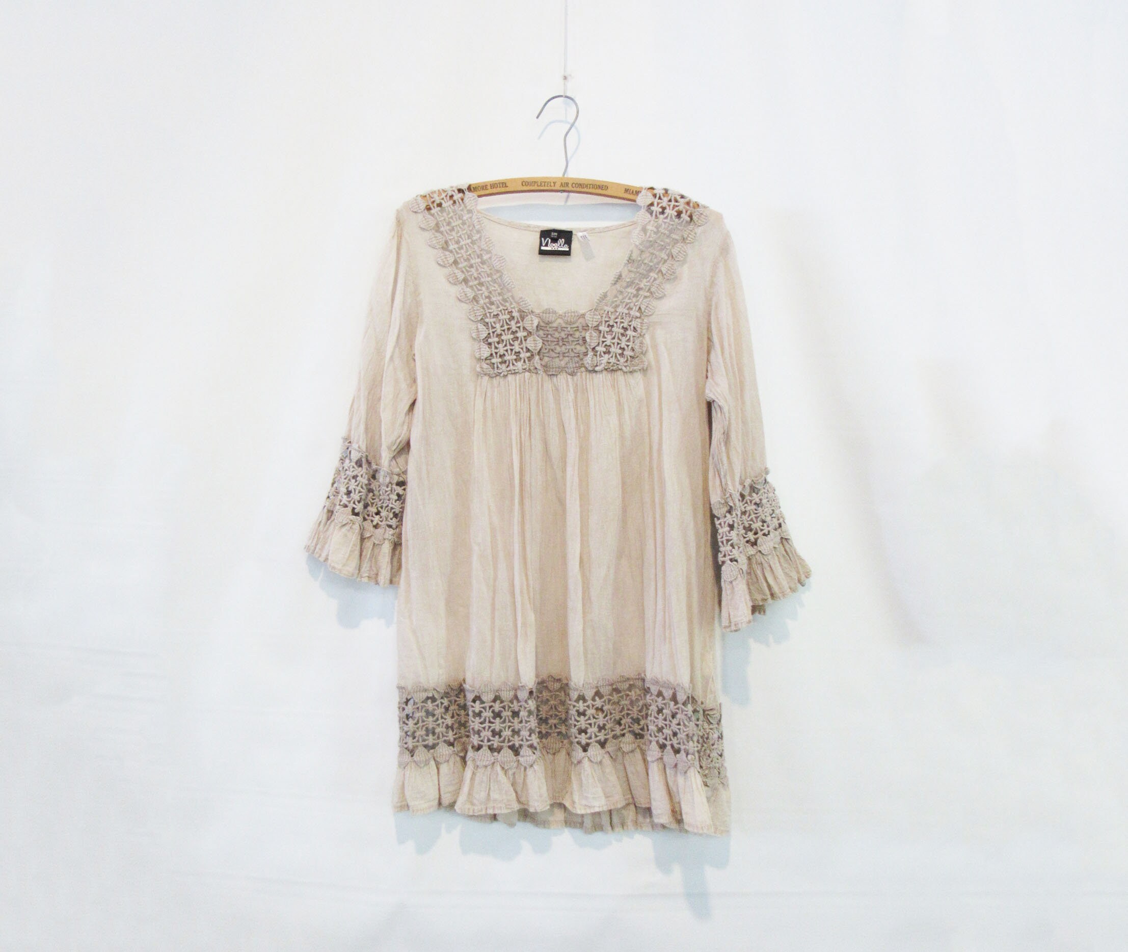 Crochet Cotton Tunic Top Small Medium - Loose Beige Boho With Flutter Cuffs & Hem Darling