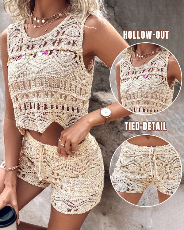 Crochet Lace Sleeveless Crop Knit Top & Shorts Set