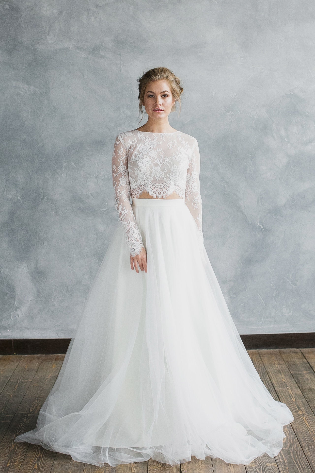 Crop Top Wedding Dress, Long Sleeve Lace Two Piece Bridal Separate - Keira