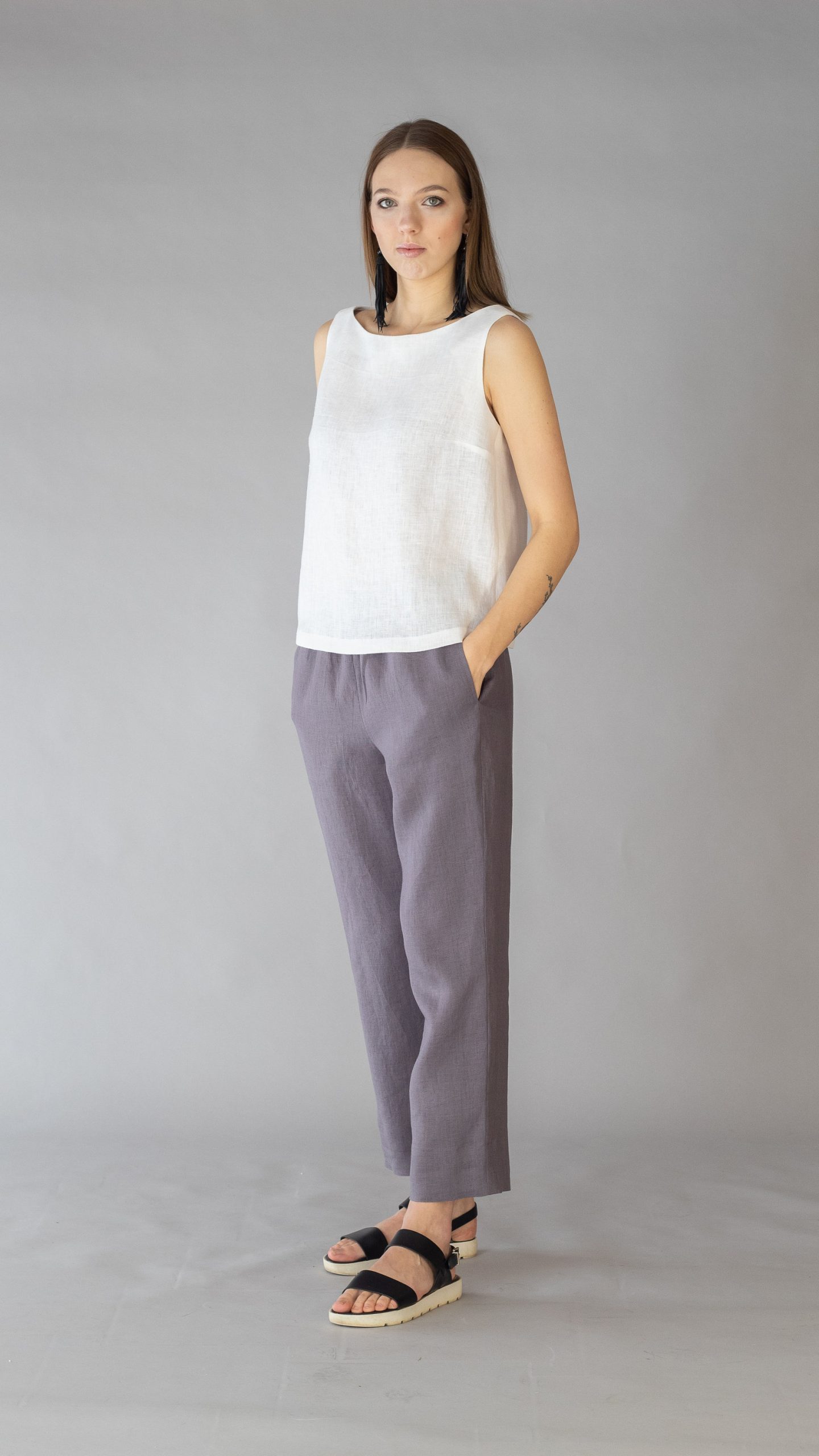 Cropped Basic Linen Pants Kima, Skinny Pants, Flax Pure Color Elegant Made To Orders