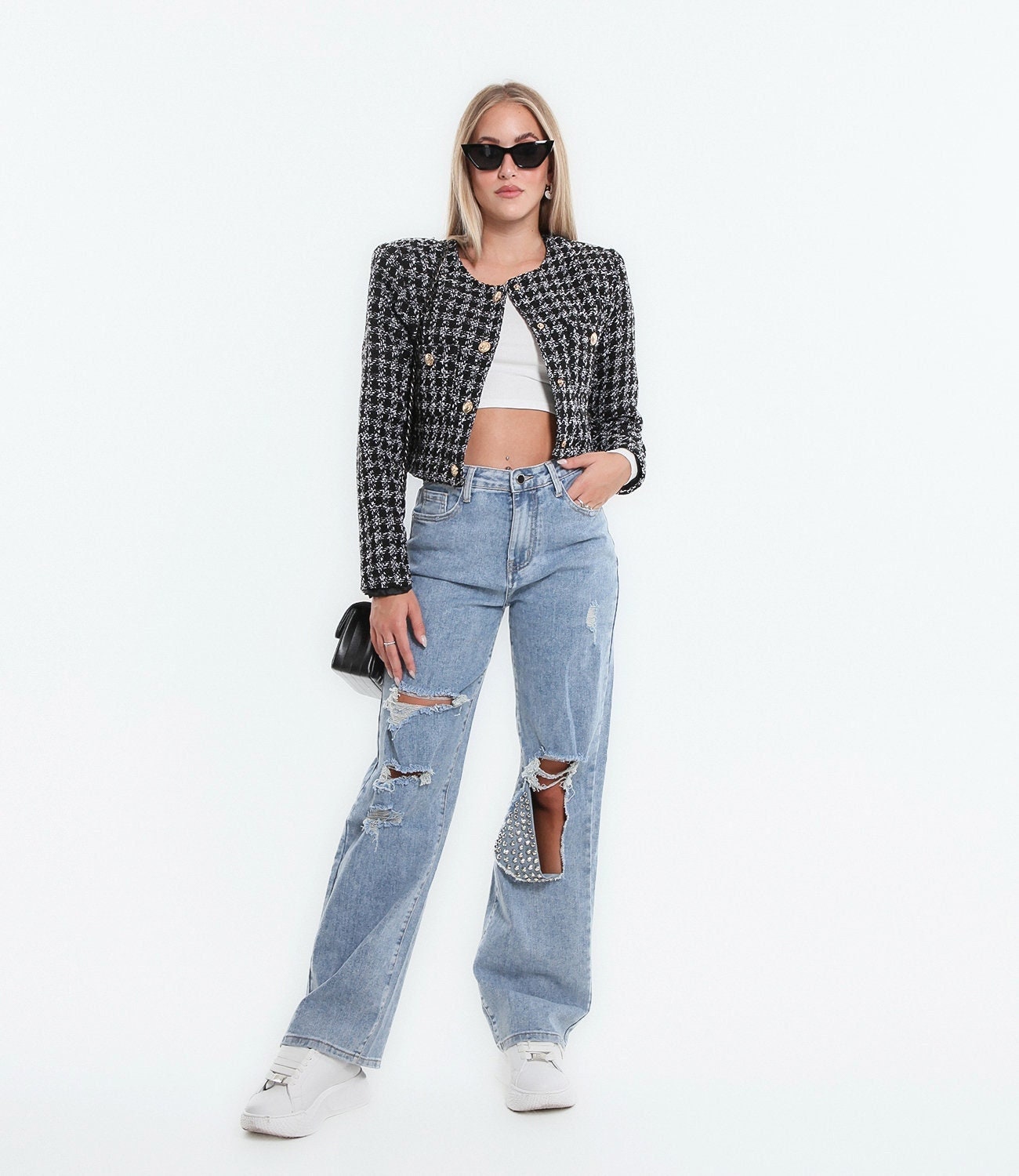 Cropped Houndstooth Blazer