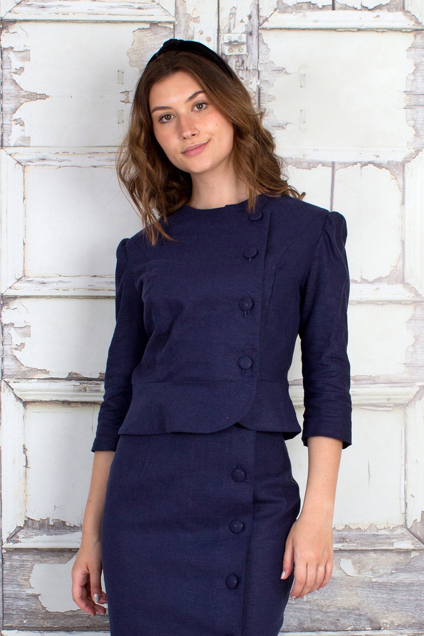 Cropped Linen Jacket, Peplum Elegant Work Blouse, Navy Top, Tall Sizes, Petite Sizes