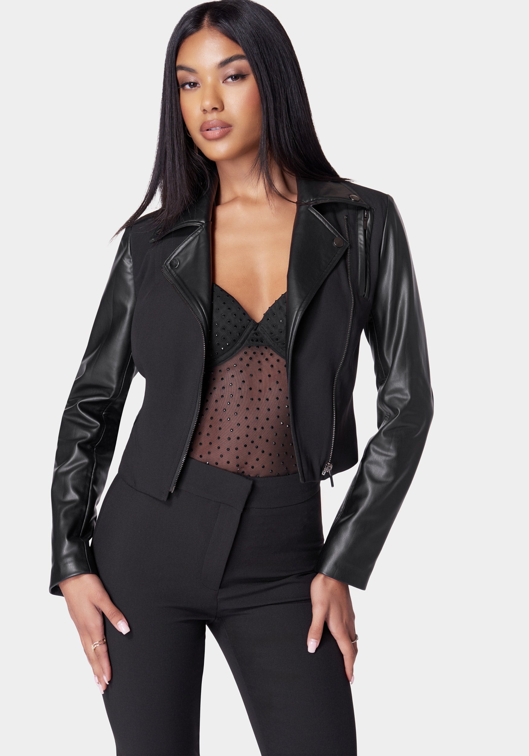 Cropped Vegan Leather Combo Tailored Moto Blazer