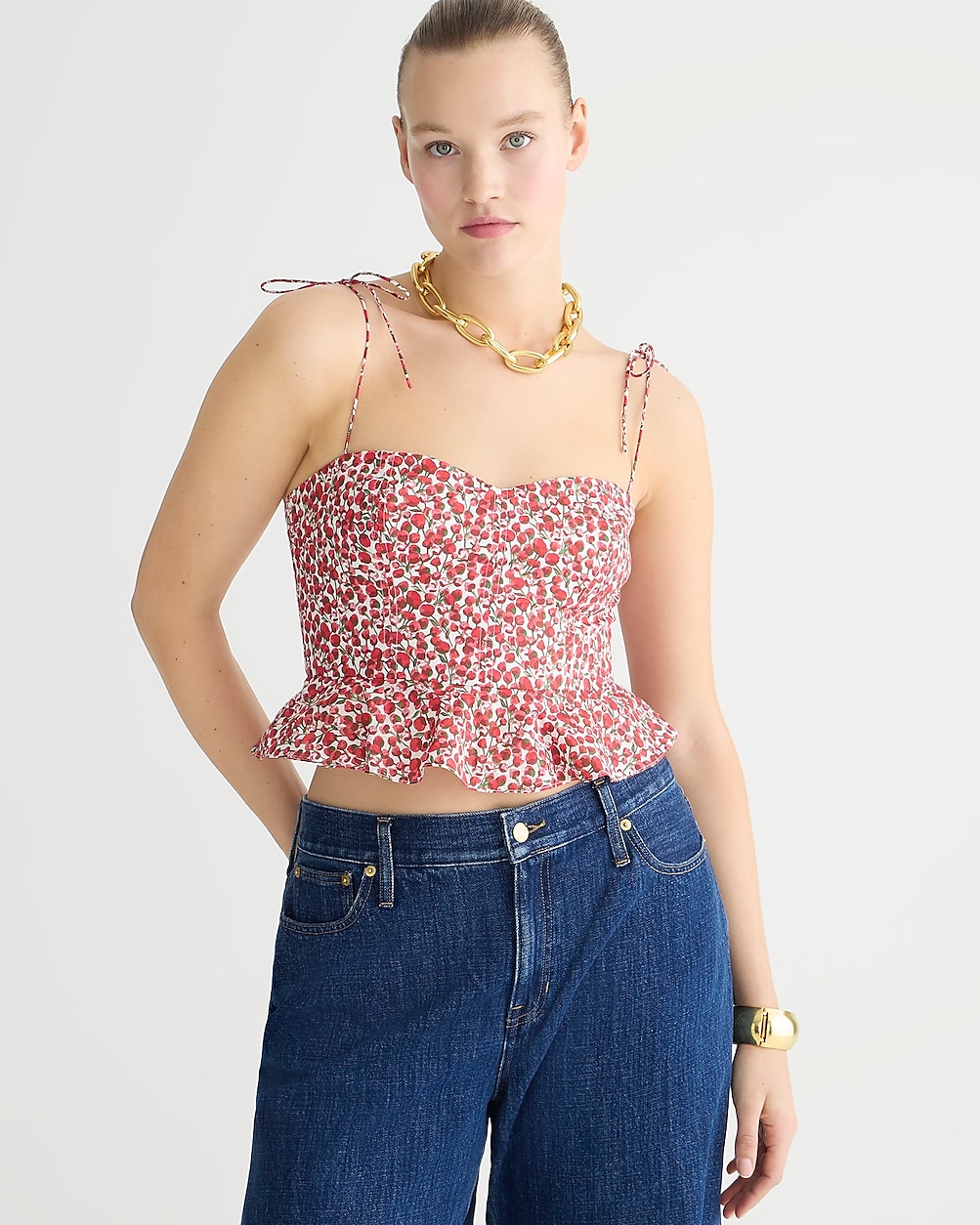 Cropped bustier peplum top in Liberty Eliza's Red fabric