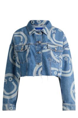 Cropped denim jacket with Happy HUGO print- Patterned Women's Clothing size S