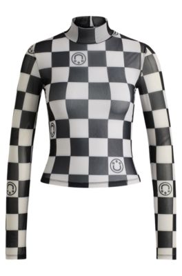 Cropped long-sleeved top in checkerboard-print stretch mesh- Patterned Women's Casual Tops size S