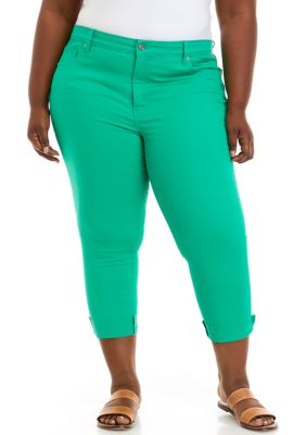 Crown & Ivy Women's Plus Size Color Denim Cropped Pants, Green, 16W