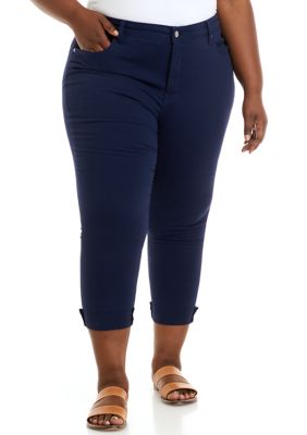 Crown & Ivy Women's Plus Size Color Denim Cropped Pants, Navy Blue, 14W