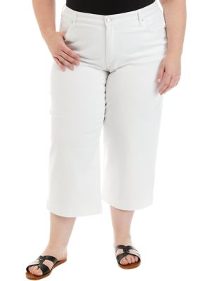 Crown & Ivy Women's Plus Size Wide Leg Cropped Denim Pants, White, 22W