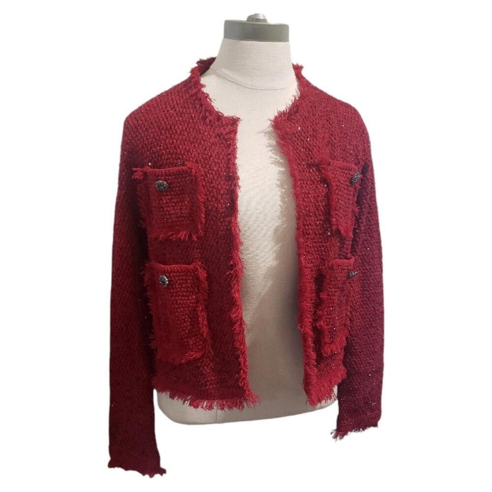 Ct1936 Zara Red/metallic Cropped Blazer With Pockets S, Women's (Size Large)