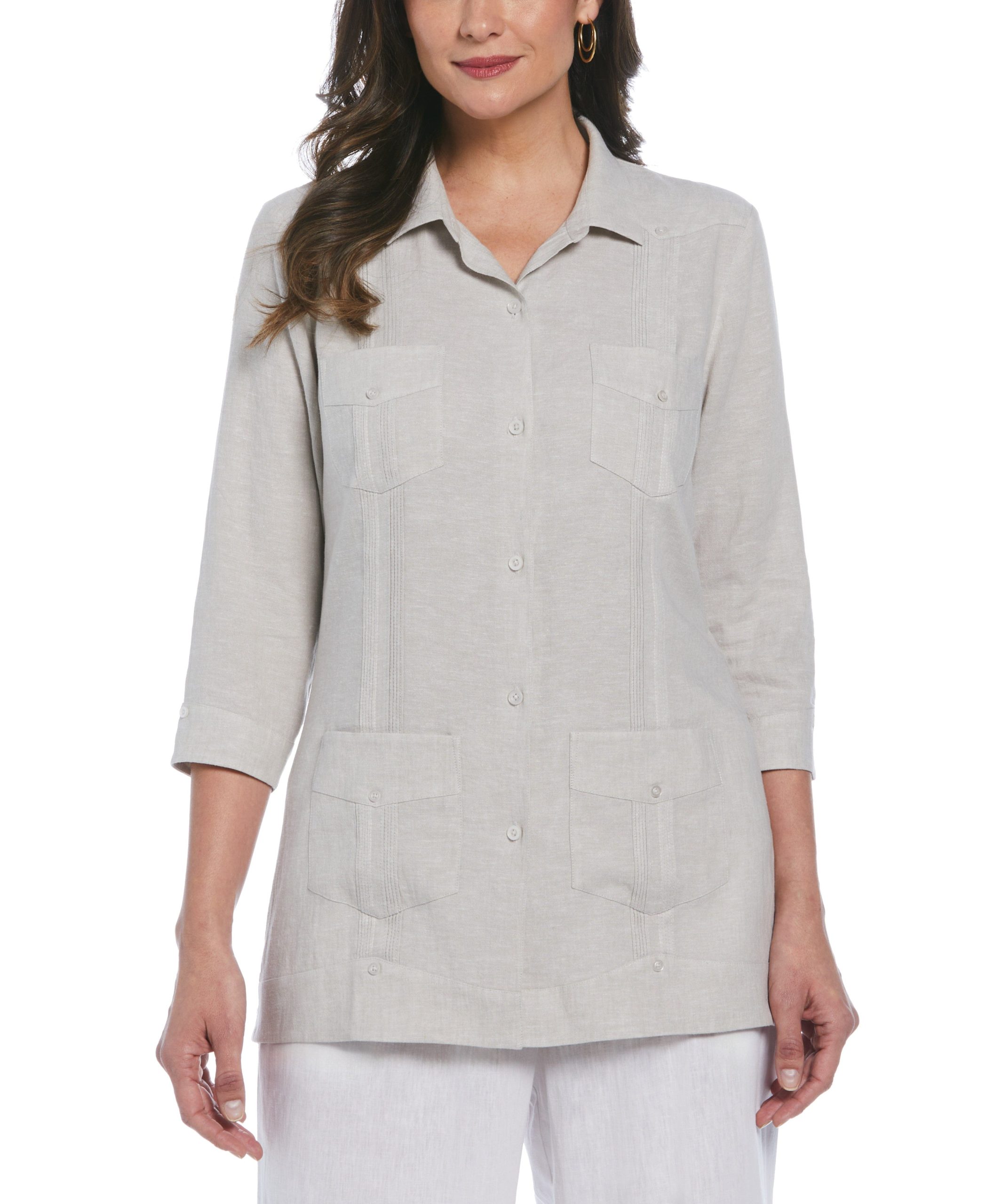 Cubavera Women's Two Tone Guayabera Long Sleeve Shirt Beige in Natural Beige, Size XL, Linen Blend