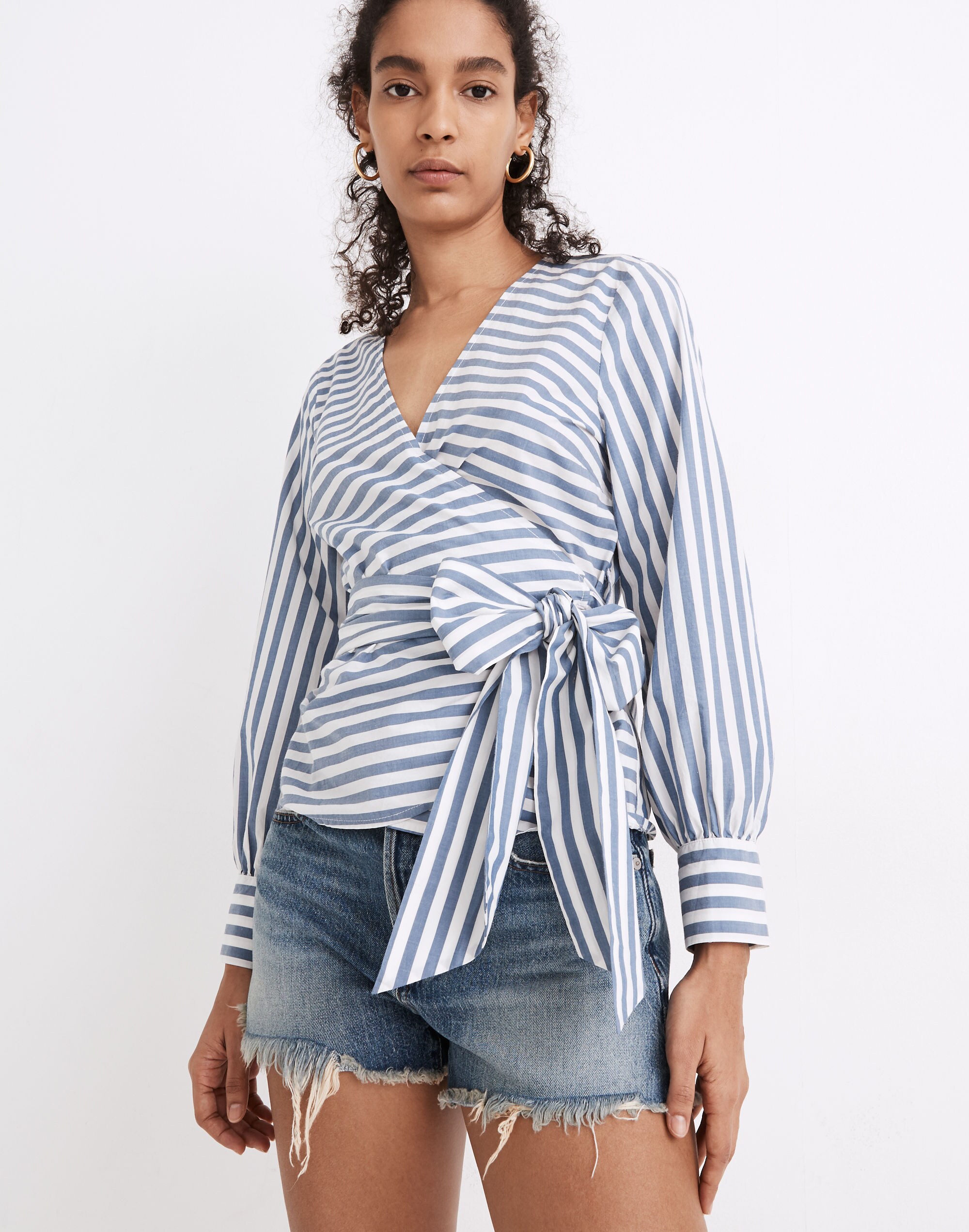 Cuffed-Sleeve Wrap Top in Stripe