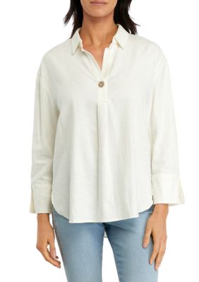 Cupio Women's 3/4 Sleeve Linen Tunic Pullover Top, White, Small