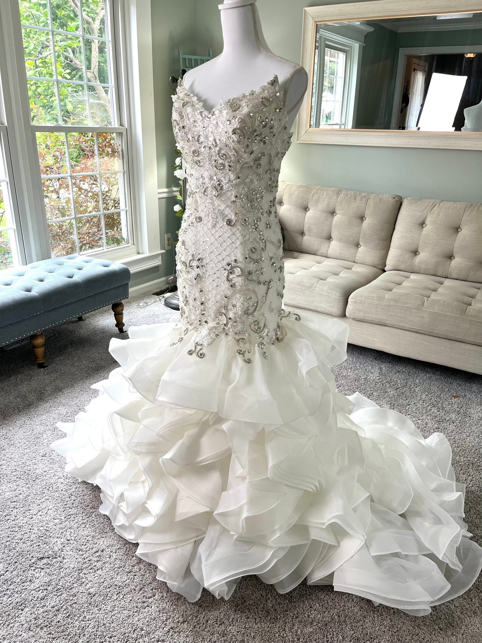 Custom Mermaid Wedding Dress With Silver Beadings & Organza Skirt By Brides & Tailor