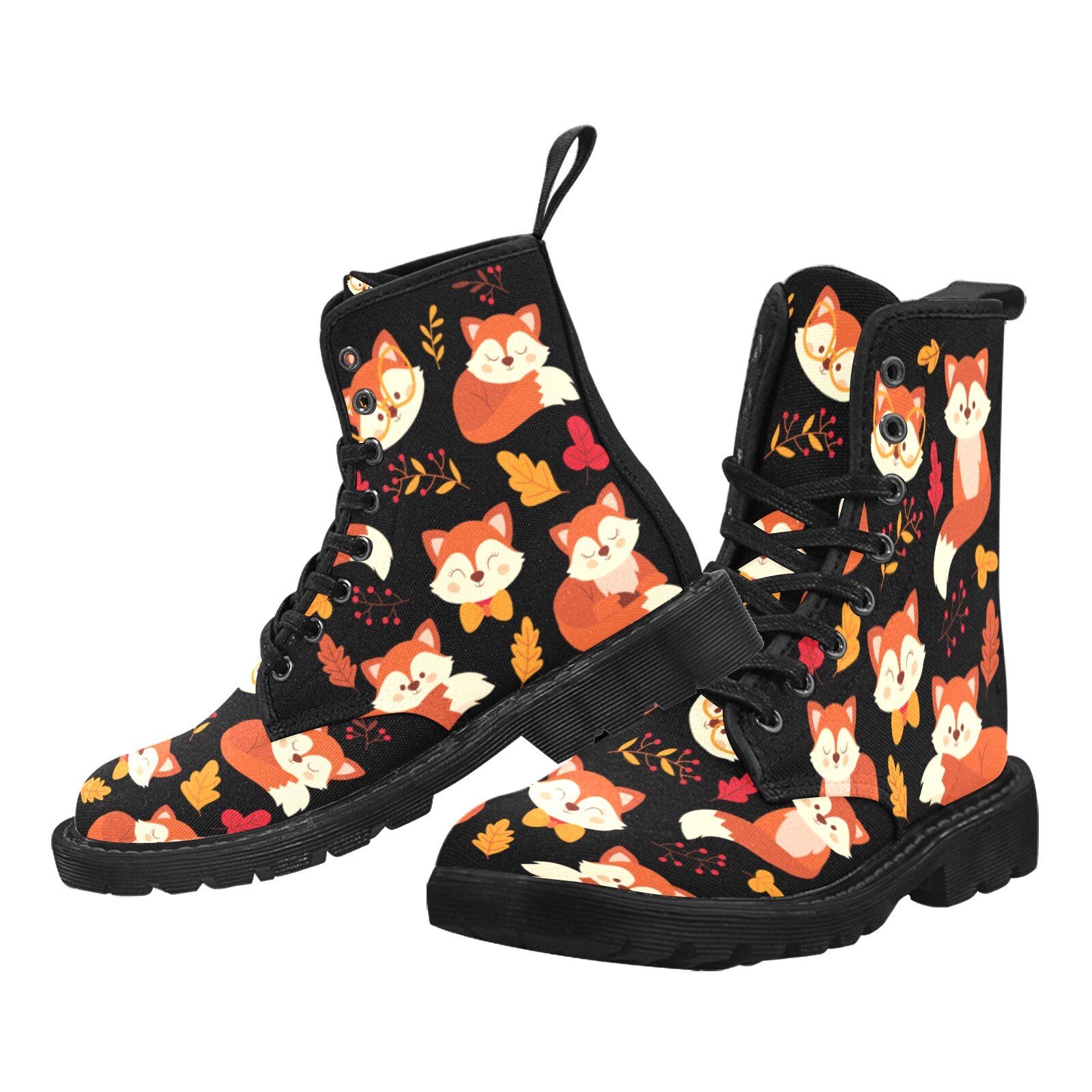 Cute Fox Women Boots, Animal Pattern Vegan Canvas Lace Up Festival Shoes Fashion Print Ankle Combat Handcrafted Casual Custom Gift