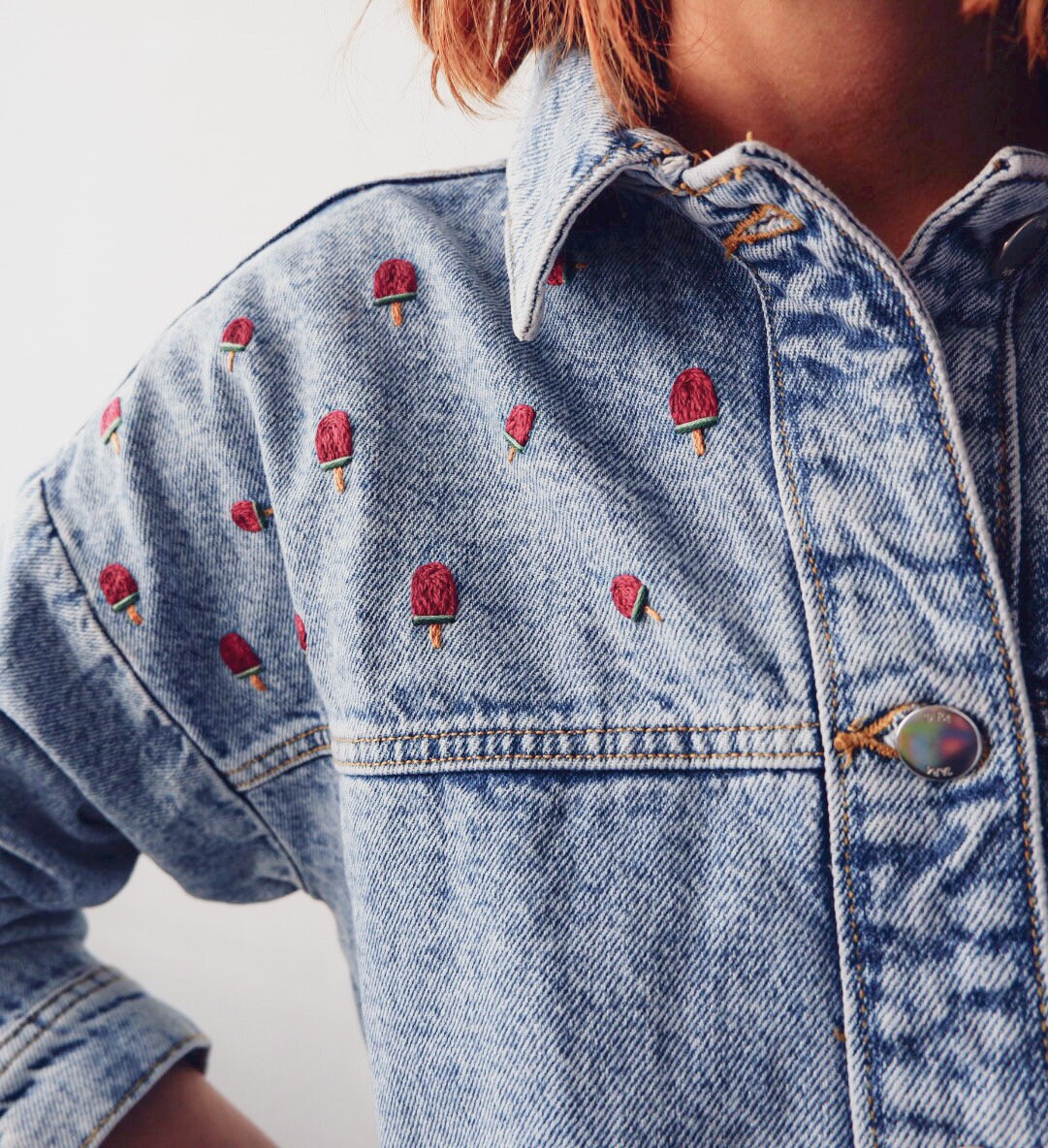 Cuteness Vibes Hand-Embroidered Denim Jacket | Watermelon Lollies Design Customizable Embroidered Overshirt