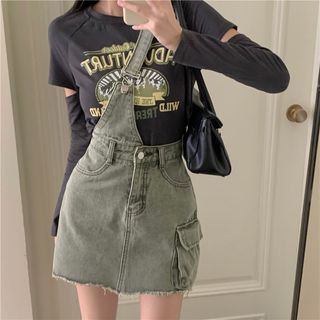 Cutout Long-Sleeve Round Neck Lettering Patterned Print Tee / High Rise Washed One Shoulder Fray Mini A-Line Denim Jumper Skirt