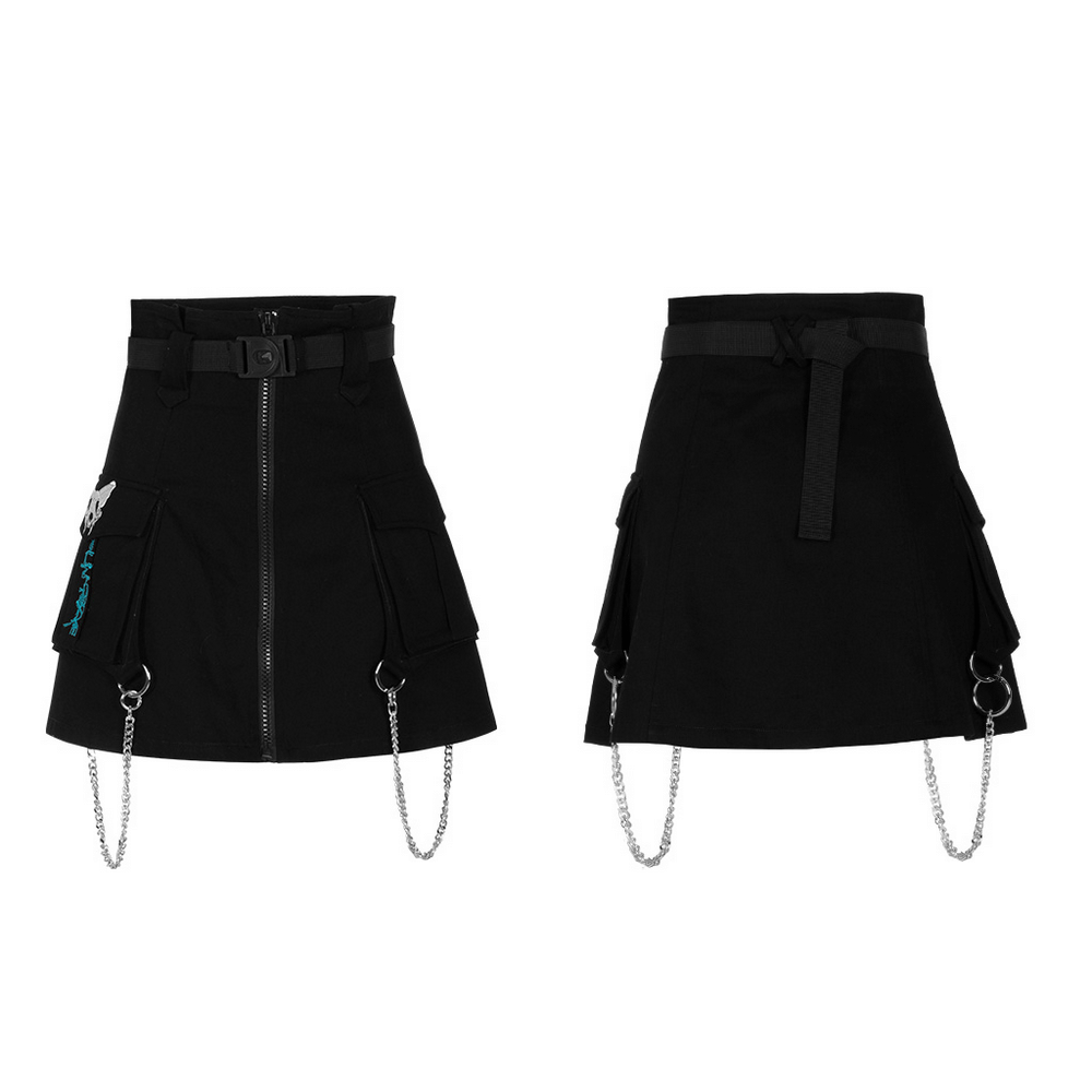 Cyber Cat A-line Denim Skirt with Chains and Belt