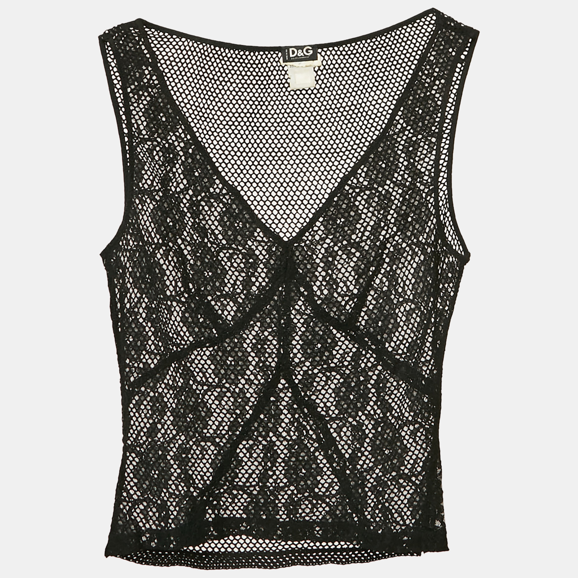 D & G Black Lace and Mesh V-Neck Sheer Tank Top S