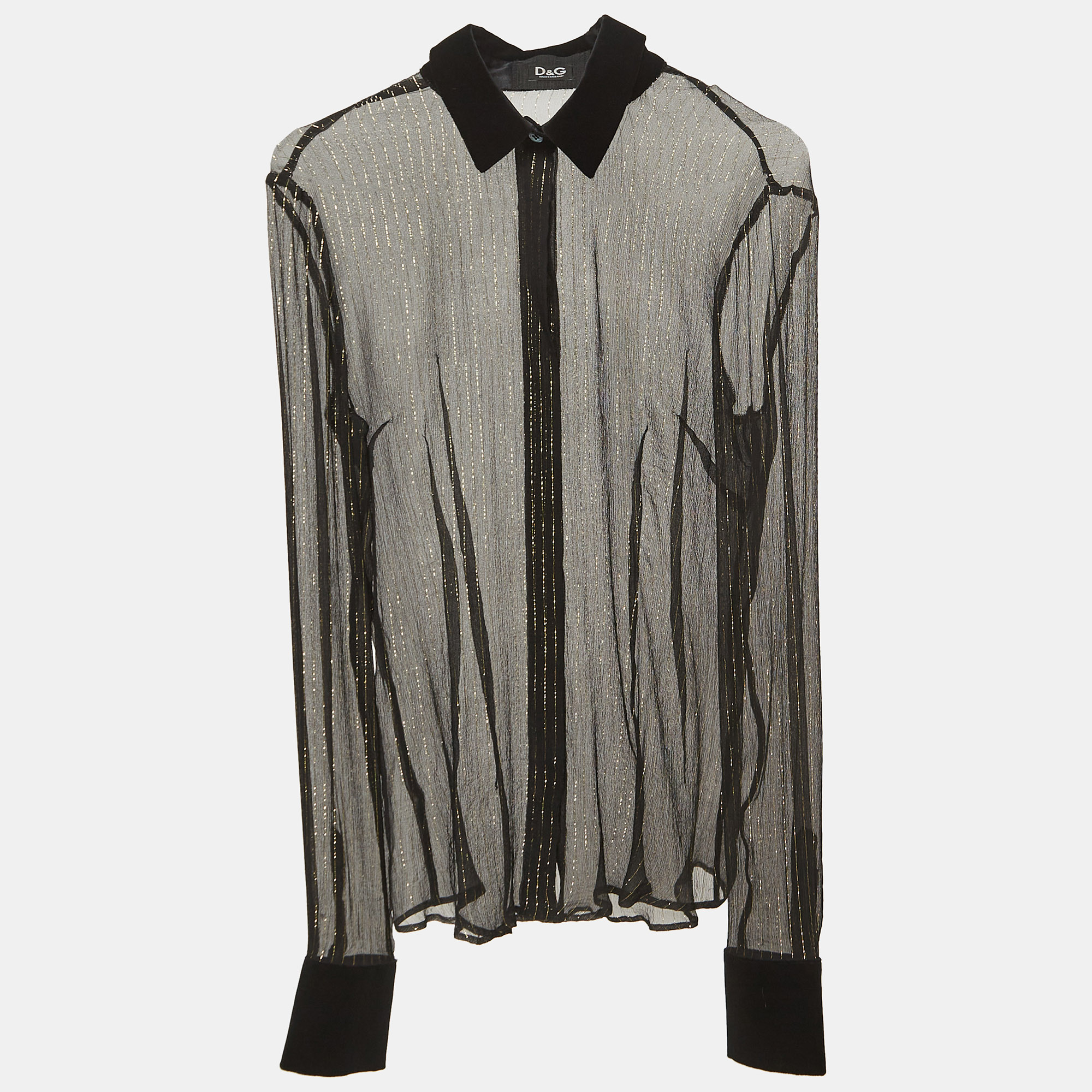 D & G Black/Gold Lurex Stripe Velvet Trim Sheer Shirt S