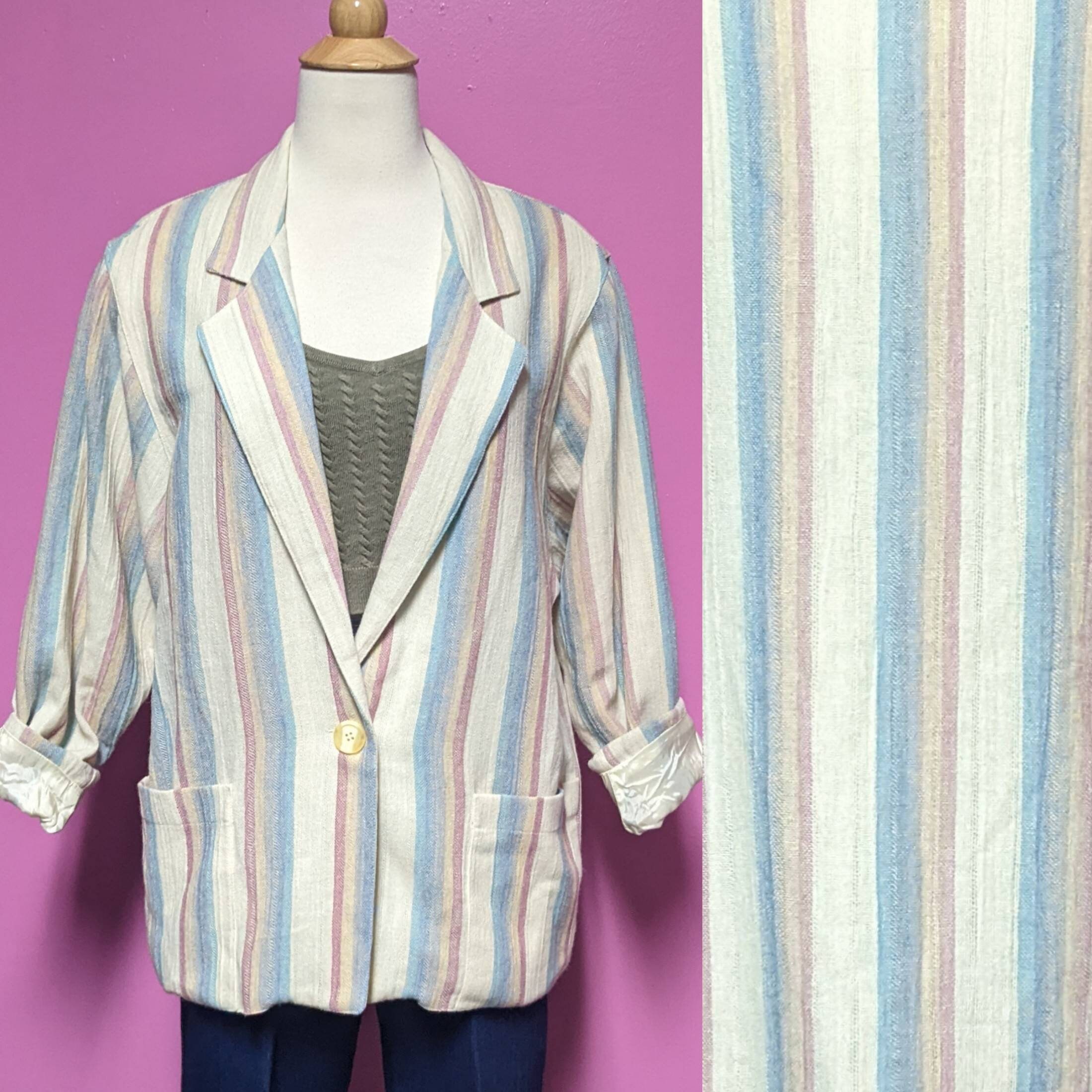 D.k Gold/Pastel Striped Blazer/Size 12/80's/90's Lightweight Wool Blazer